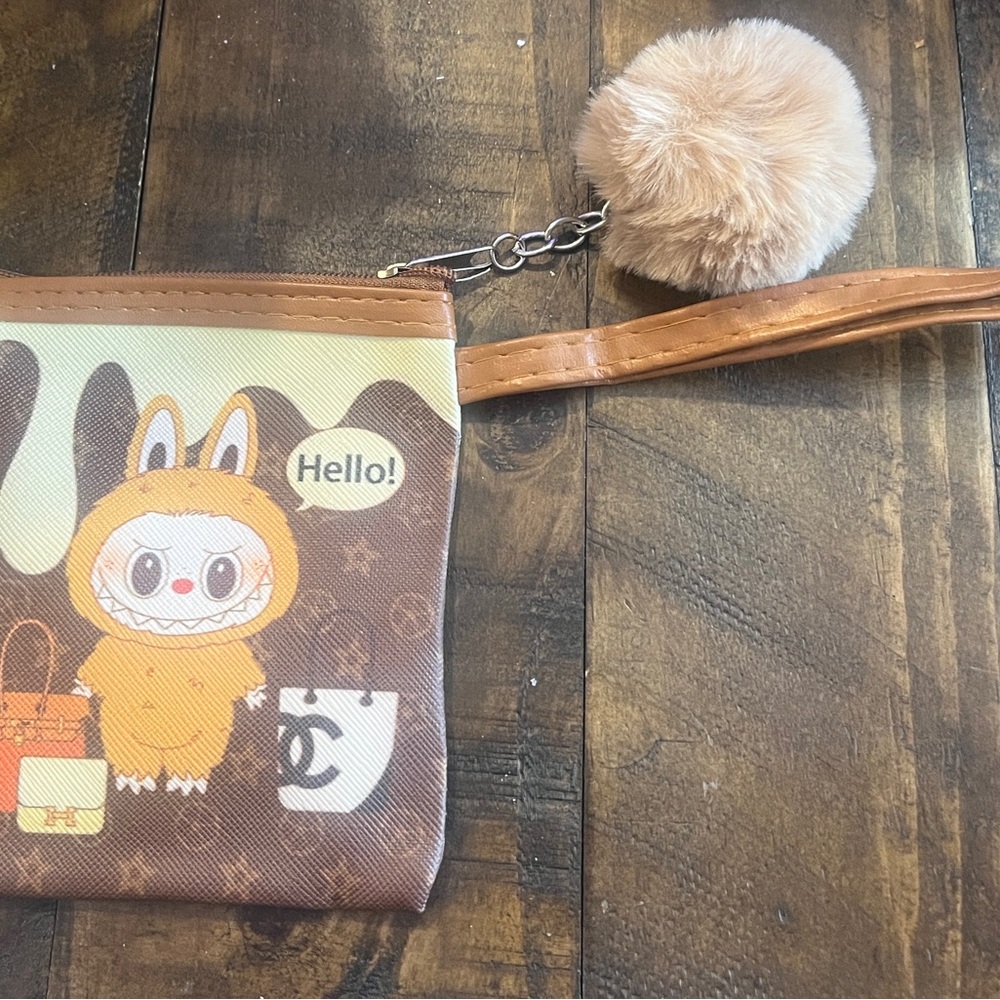 Character Print Wristlet Pouch with Pom Charm - Brown & Tan Labubu - Picture 2 of 4